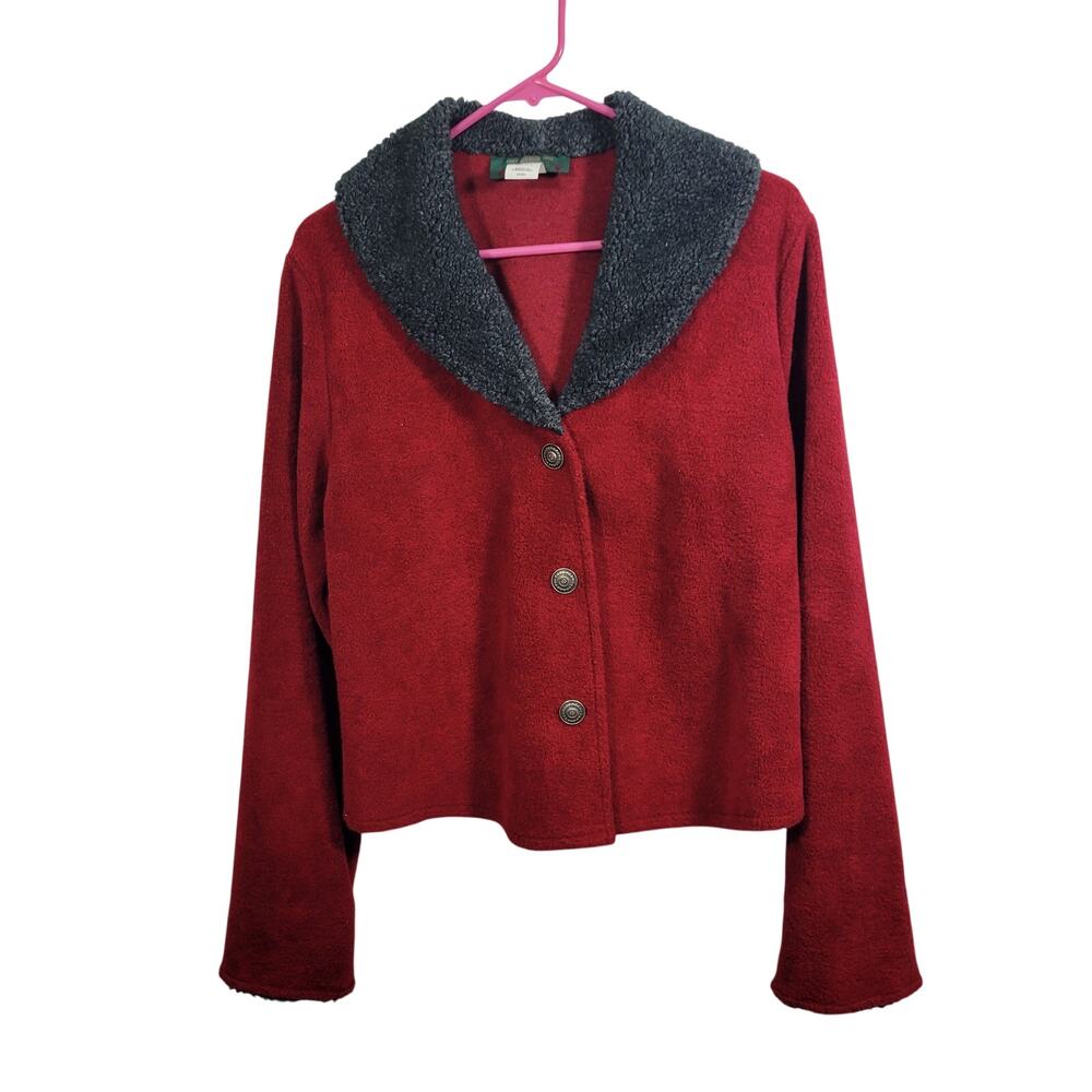 Vintage Orvis Women's Red Textured Fleece Jacket With Sherpa Gray Collar Size M